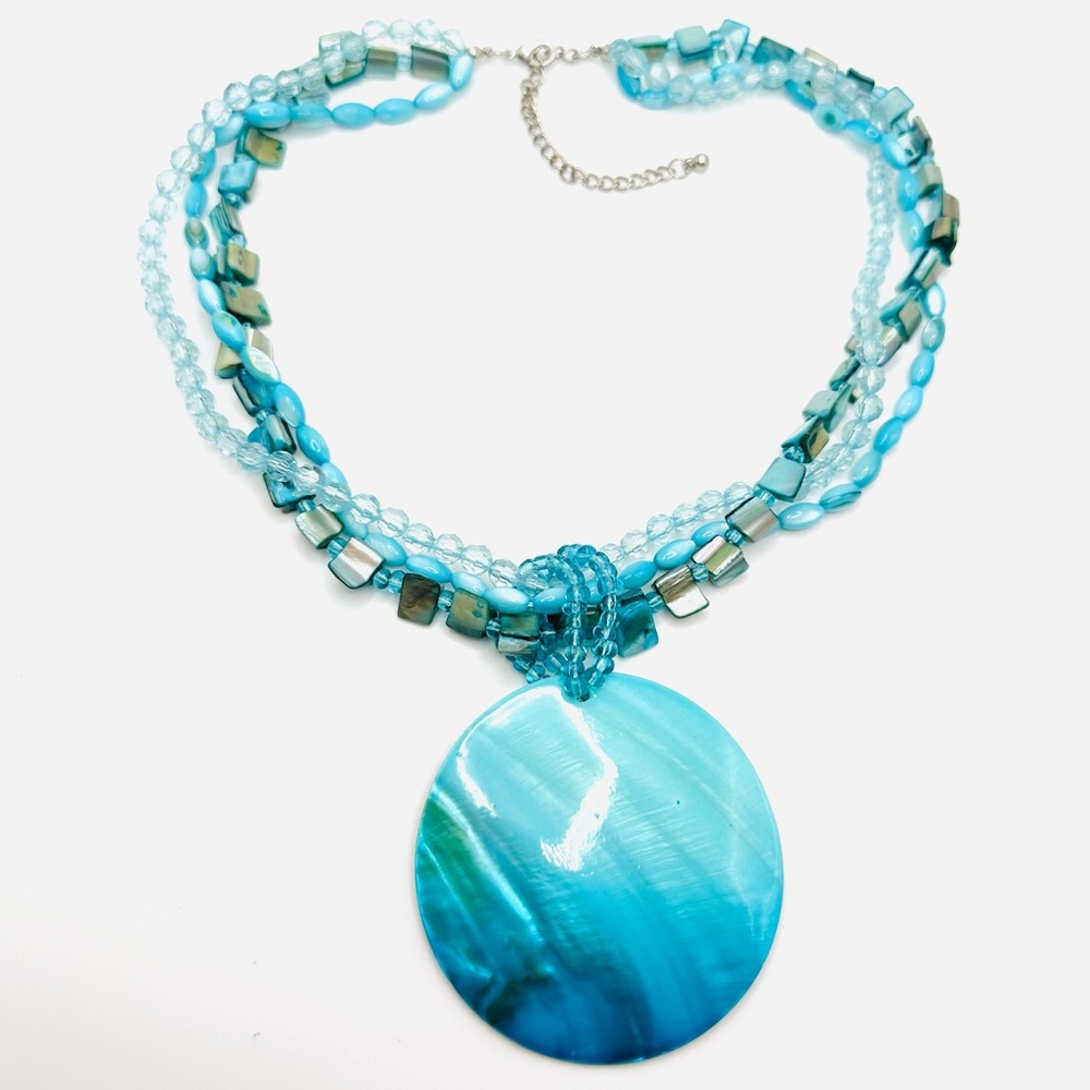 Triple Strand Aqua Blue beaded necklace with Large Shell Pendant Boho Beachy